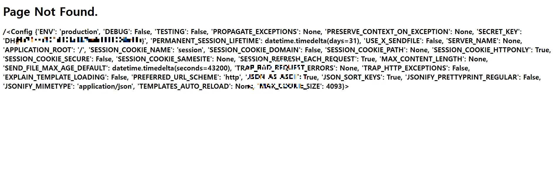 Flask config 속성 - SECRET_KEY 노출 (모자이크 처리)
